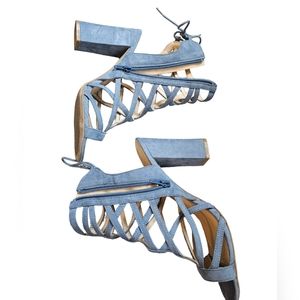 Faux suede caged chunky heel sandals